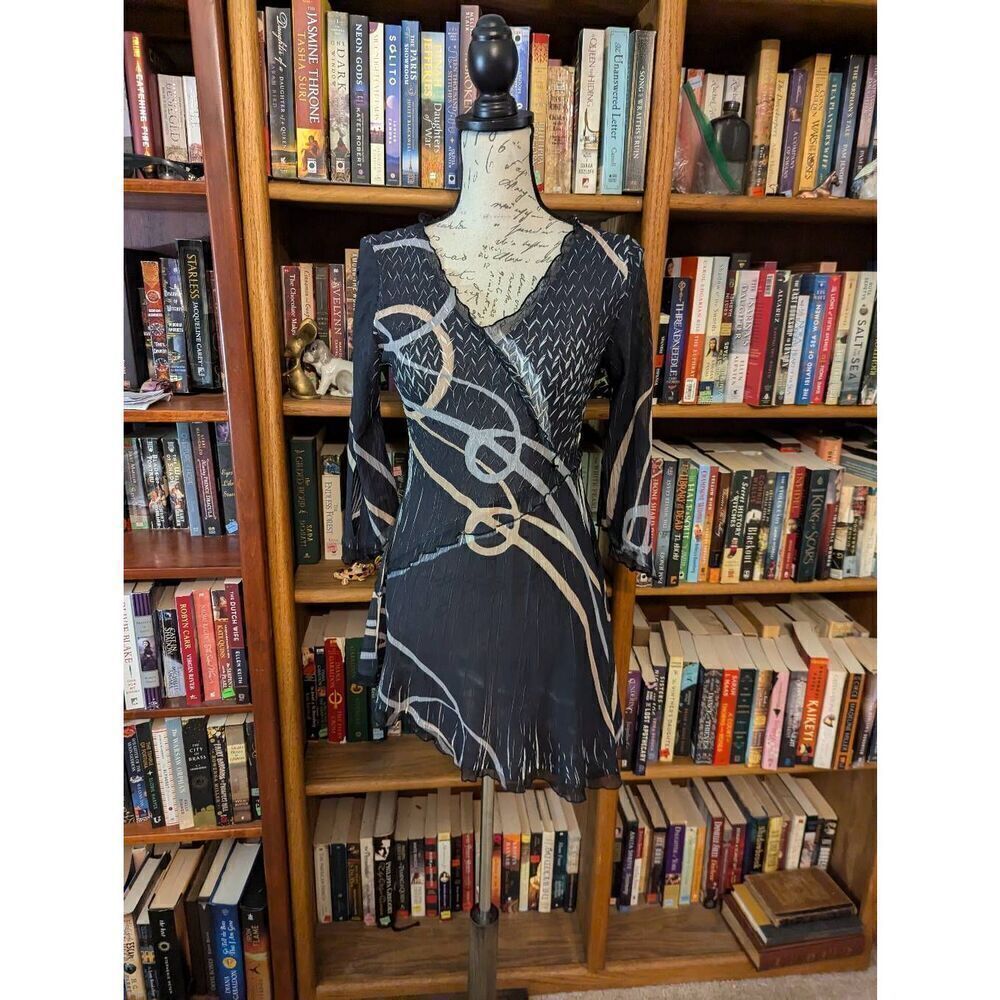 Komarov Women Medium Black Copper Swirl 3/4 Sleeve Asymmetrical Ruffle Hem Dress